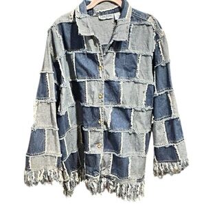 Vintage Erica Brooke Patchwork Denim Jacket Long Fringe Hem and Sleeves Plus 22